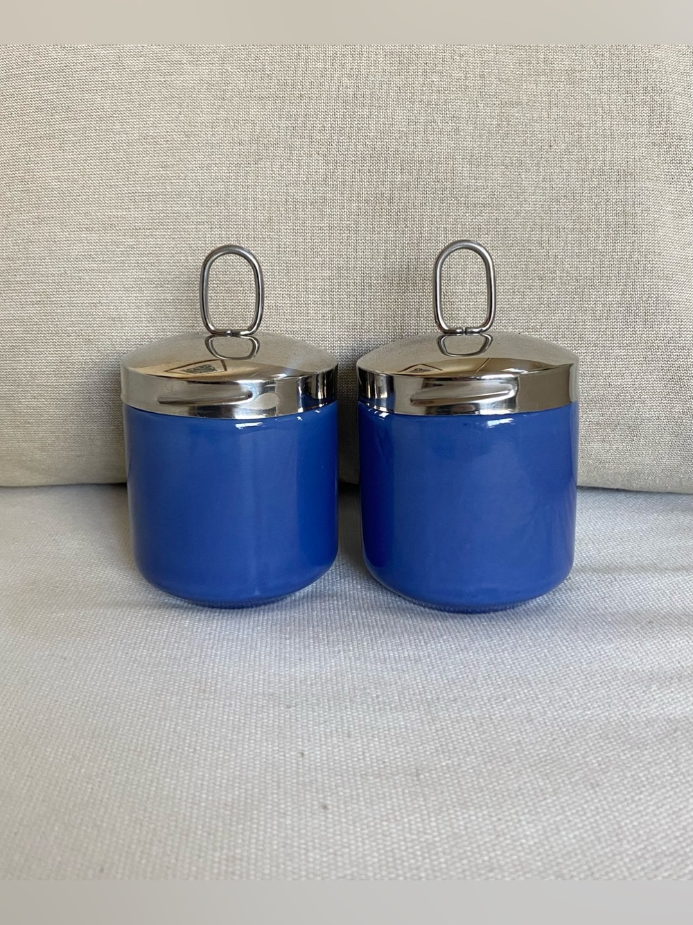 Vintage Williams Sonoma Cobalt Blue Porcelain Egg Coddlers with Lids - Set of 2